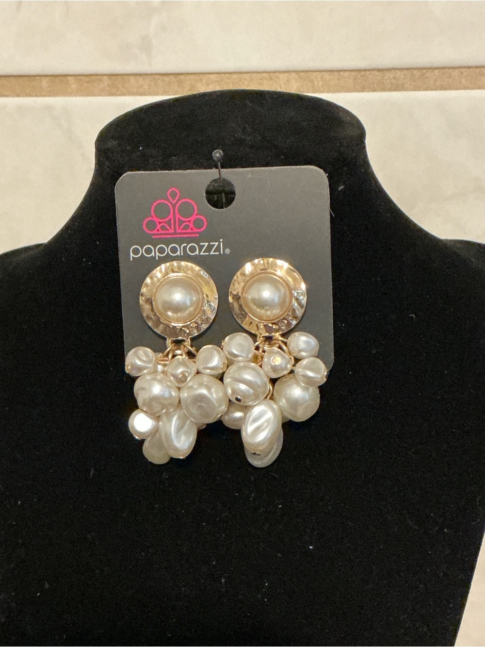 Paparazzi Gold and White Faux Pearl Cluster Dangle Earrings
